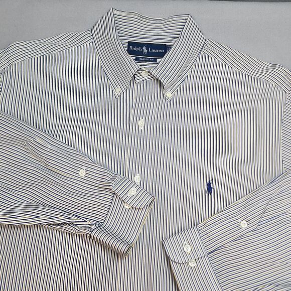 Ralph Lauren Classic Fit Men's Blue & Yellow Striped Button Up Shirt SZ 17 34/35 - Picture 1 of 6